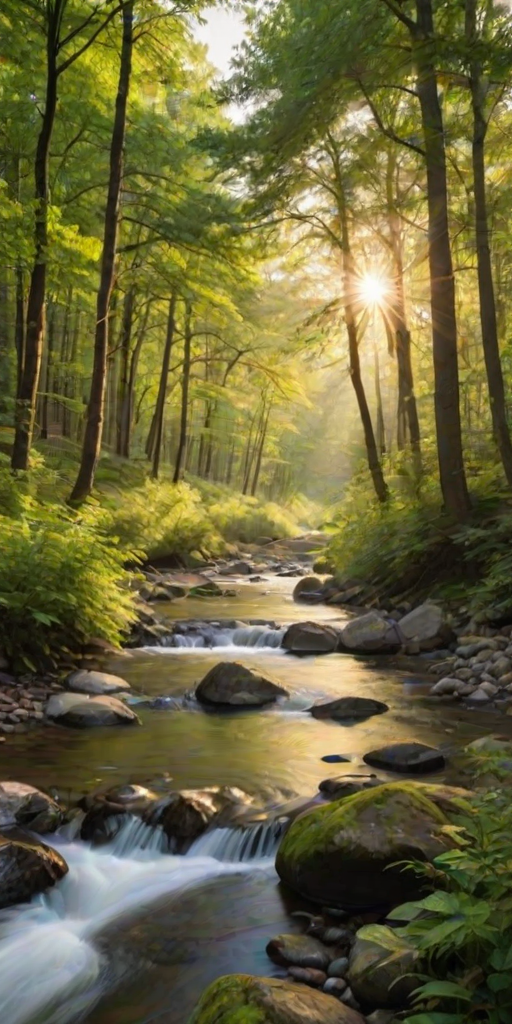 Create an image of a serene, sunlit forest scene with a clear, gently flowing river. Tall trees with lush green foliage line both sides of the river, their leaves bathed in the warm golden light of the setting or rising sun. The sunlight filters through the trees, casting soft, dappled light on the river, which flows over smooth rocks and pebbles, creating a peaceful, natural atmosphere. The sky is bright with a few scattered clouds, and the overall mood is tranquil, evoking a deep sense of connection with nature. The image captures the beauty of a calm, pristine forest landscape at either dawn or dusk.