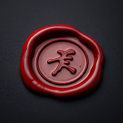 create a high-resolution image of a red wax seal on a black background with soft lighting, shallow depth of field, 50mm lens, f/2.8 aperture, ISO 100, using a DSLR camera to enhance detail and clarity