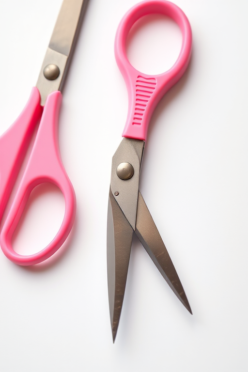 create a highly detailed close-up image of pink-handled scissors on a white background, with a shallow depth of field, using a DSLR camera set to f/2.8, ISO 100, and a shutter speed of 1/200 sec, captured from an overhead angle to emphasize the scissors' design and sharp blades.