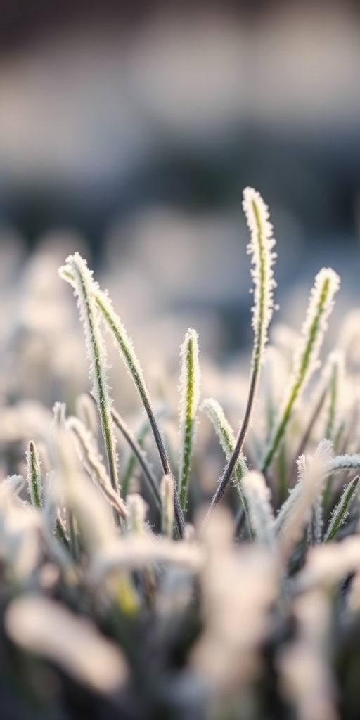 macro shot of frost-covered grass with soft focus background, aperture f/2.8, shutter speed 1/200s, ISO 100, taken with a DSLR camera using a 100mm macro lens, natural light for enhanced clarity and detail