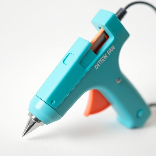 macro shot of a turquoise hot glue gun on a white background, f-stop 2.8, ISO 100, 50mm lens, natural lighting, DSLR camera
