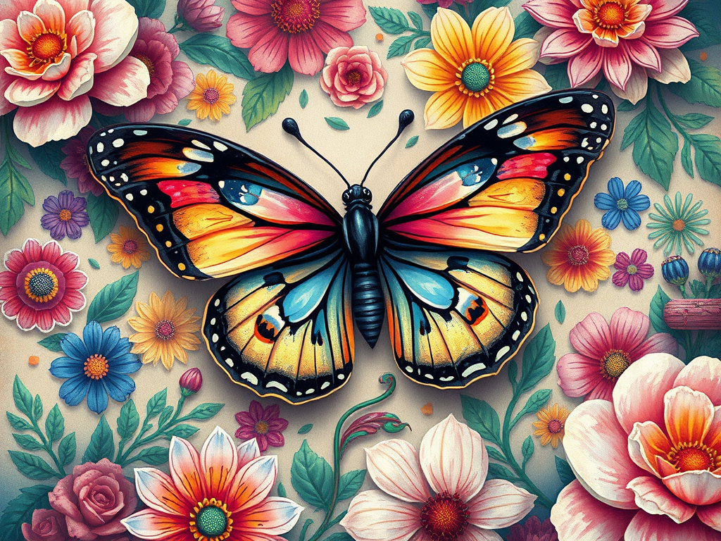 Create a detailed illustration of a stylized butterfly surrounded by vibrant floral patterns and colorful elements, using a digital painting technique with a high-resolution setting, a soft focus lens effect, and an overhead perspective for enhanced depth and richness.