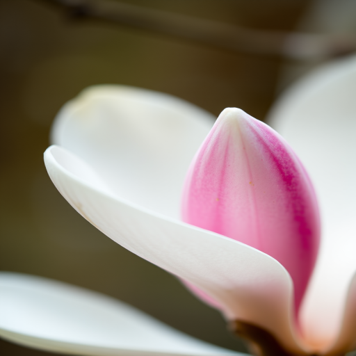 macro shot of a magnolia bud with soft focus background, aperture f/2.8, ISO 100, shutter speed 1/200s, 50mm lens, natural light, DSLR camera