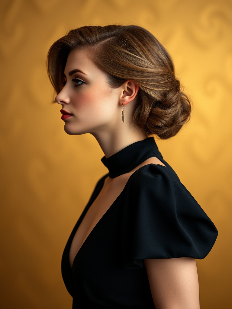 portrait of a woman in profile with elegant hairstyle and black dress, golden background, soft lighting, high resolution, DSLR camera, f/2.8 aperture, 85mm lens, natural light, shallow depth of field, Canon EOS R5