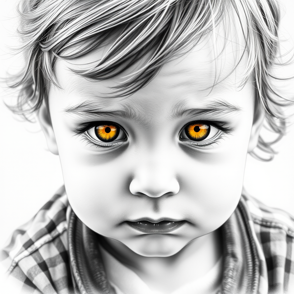 A hyperdetailed photorealistic black and white sketch of a beautiful toddler with deep Yellow eyes, with a macro focus