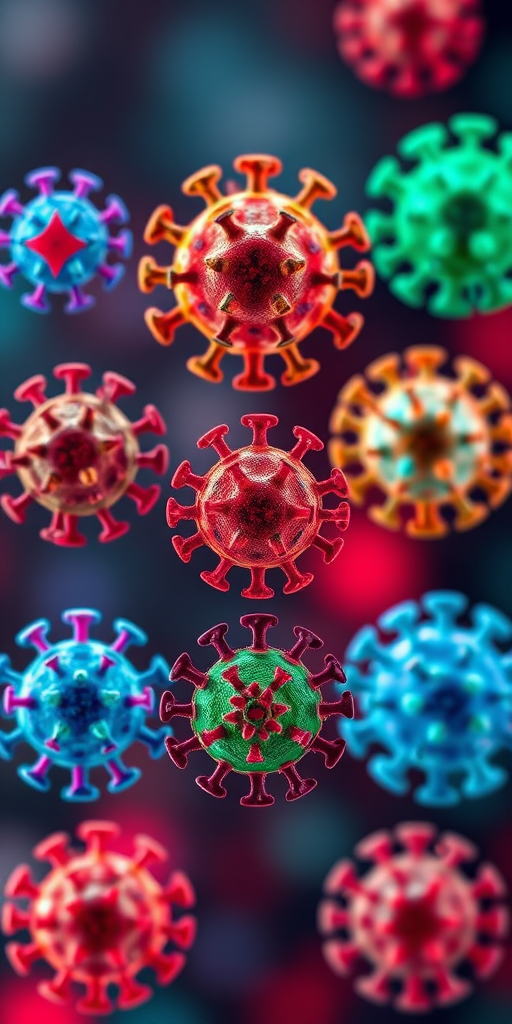 Generate an image of nine colorful virus icons arranged in a grid format, using a high-resolution setting of 300 DPI, with a Canon EOS R5 camera, 50mm lens, f/1.8 aperture, soft lighting, and a shallow depth of field to enhance clarity and vibrancy.