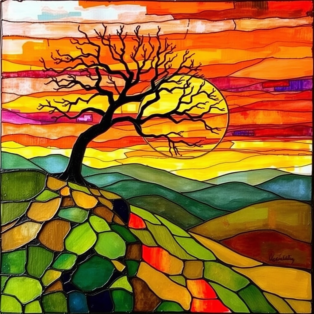 A vibrant abstract painting on Tiffany Glass, blending acrylic and alcohol ink techniques, captures a dramatic sunset over rolling hills. The artwork features a textured, rocky foreground in green and brown, layered abstract hills, and a striking sunset in rich oranges, yellows, and reds. A solitary black tree with intricate branches contrasts against the fiery sky, creating a dynamic and expressive portrayal of a breathtaking natural scene.