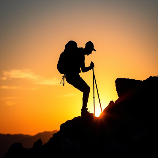 Create a high-resolution silhouette of a hiker climbing a rocky terrain at sunset with a Canon EOS 5D Mark IV, 50mm lens, f/1.8 aperture, ISO 200, shutter speed 1/250 seconds, using a low-angle view for dramatic effect.