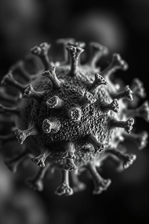 highly detailed close-up of a virus in monochrome, macro lens, aperture f/8, ISO 100, 50mm lens, soft focus background, shallow depth of field, high dynamic range imaging