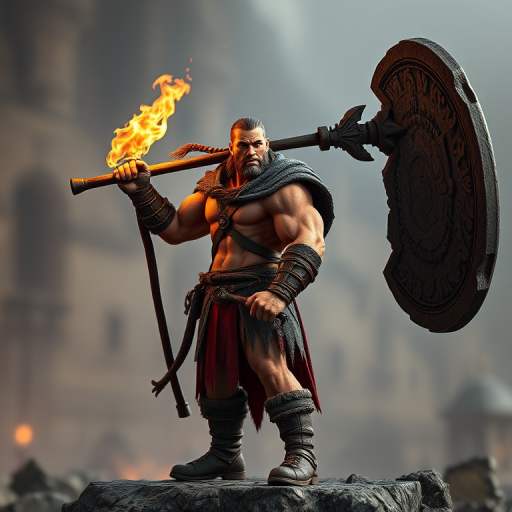 Create a highly detailed 3D character model of a muscular warrior holding a torch and a large rock-like weapon, shot with a Canon EOS R5 at f/2.8, ISO 100, 50mm lens, soft lighting, a slight depth of field, and a side view to enhance the textural details and intensity of the scene.