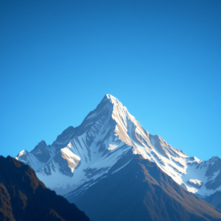 Create a high-resolution digital illustration of a majestic mountain peak with sharp, angular features, using a blue gradient sky as the backdrop, with soft light for depth, captured using a DSLR camera at 50mm with f/8 aperture, ISO 100, and a wide-angle view for enhanced detail and clarity.