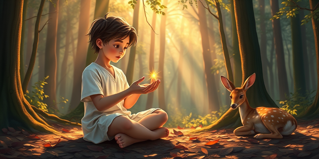 A luminous digital painting of a serene forest scene featuring a barefoot young male, about 7 years old, with brown hair and fair skin, dressed in a simple white outfit. He sits cross-legged on the forest floor, gazing at a small, glowing, magical firefly in his hand. Beside him, a delicate spotted deer lies calmly on a bed of dried leaves, observing the scene. The dense forest is bathed in warm, golden light filtering through the trees, creating a peaceful, magical atmosphere with a blend of natural and mystical elements.