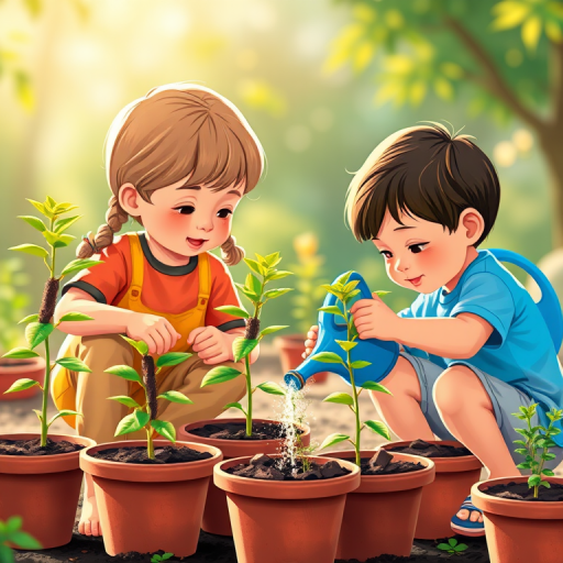 Create a vibrant illustration of two children planting saplings in pots, one child watering the plants with a blue watering can, bright colors, soft focus, high resolution, shot with a Canon EOS R5, 50mm lens, f/2.8, ISO 100, natural light.