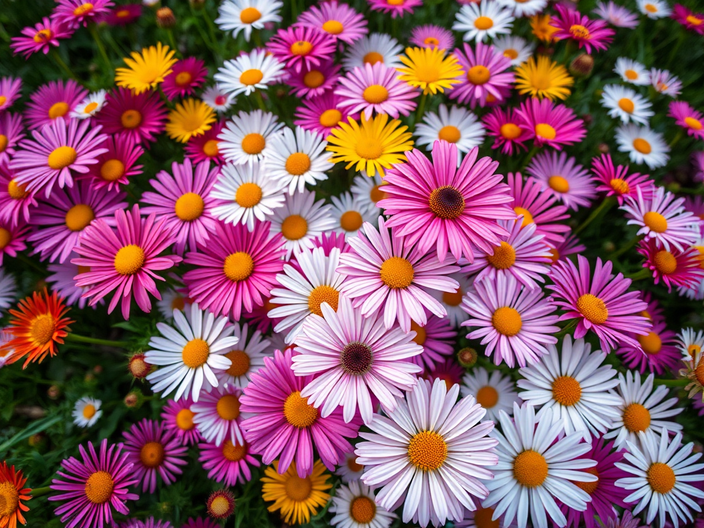 A vibrant field of assorted daisies in various colors, captured using a macro lens with a shallow depth of field, f/2.8 aperture, ISO 100, 1/200 sec shutter speed, in natural light, top-down view with a soft focus on the background for enhanced detail and color richness.