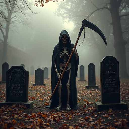Create an eerie scene of a cloaked skeleton with a scythe standing in a misty graveyard, surrounded by gravestones and autumn leaves, shot with a Canon EOS R5 at f/2.8, 1/125s, ISO 100, using a shallow depth of field for dramatic effect, captured from a low angle for a more imposing perspective and enhanced with soft, diffused lighting for a mystical atmosphere.