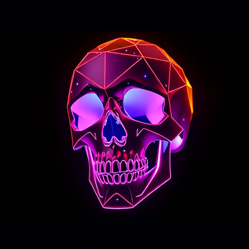 Create a high-resolution 3D render of a futuristic skull composed of glowing geometric shapes and soft neon hues set against a dark background, captured with a DSLR camera at f/1.8 aperture, ISO 100, 35mm lens, and a low angle shot for dramatic effect.