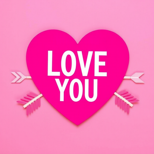 create a vibrant graphic of a pink heart with the text "LOVE YOU" in bold white letters, featuring two arrows crossing behind it, captured with a 50mm lens at f/1.8, ISO 100, in a flat lay style using a digital camera for enhanced clarity and depth.