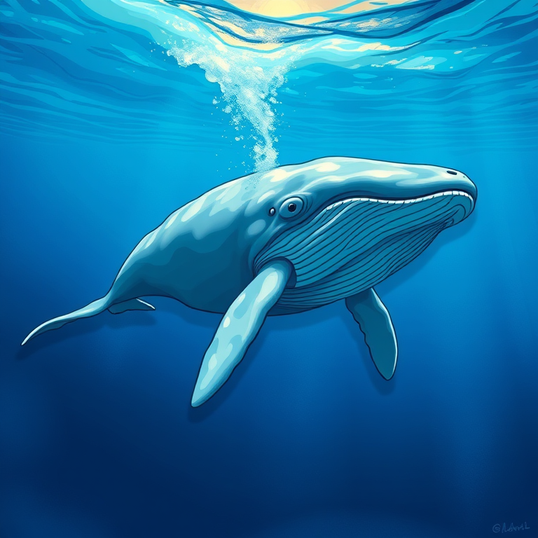 Create a detailed illustration of a whale swimming gracefully underwater, using a DSLR camera with a 50mm lens, aperture set to f/2.8, ISO 100, with a slightly low angle view and vibrant colors for enhanced image quality.
