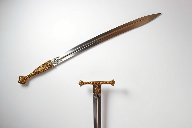 Create a high-resolution image of an ornate curved sword with a golden hilt, capturing intricate details and reflections, using a DSLR camera with a 50mm lens, f/1.8 aperture, 1/200s shutter speed, ISO 100, in a soft box lighting setup, top-down view on a white background.