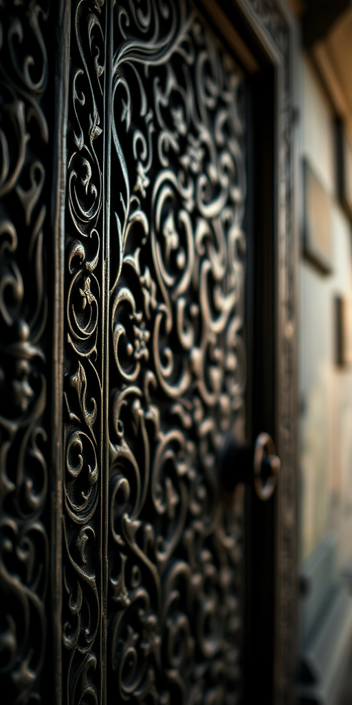 Create a detailed close-up of a mysterious door covered in intricate carvings, with soft, dramatic lighting highlighting the textures, taken with a DSLR camera at f/2.8 aperture, ISO 100, 50mm lens, and a shallow depth of field for a blurred background effect.