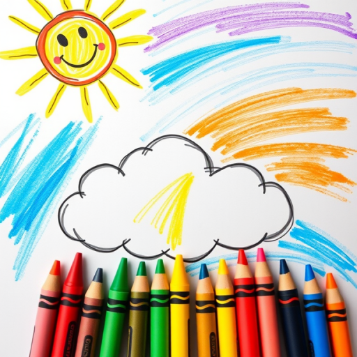 Create a vibrant children's drawing of a sunny sky with a smiling sun in the top left corner and a large fluffy cloud in the center, surrounded by colorful crayons at the bottom, shot in high resolution with a Canon EOS R5, f/8 aperture, ISO 100, 50mm lens, in soft natural lighting to enhance colors and clarity.