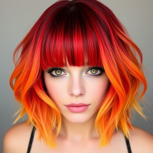 Fierce Flame Ombre Curtain Bangs framing the face with a bold transition from deep crimson roots to bright orange and yellow tips, creating a stunning fire-inspired effect