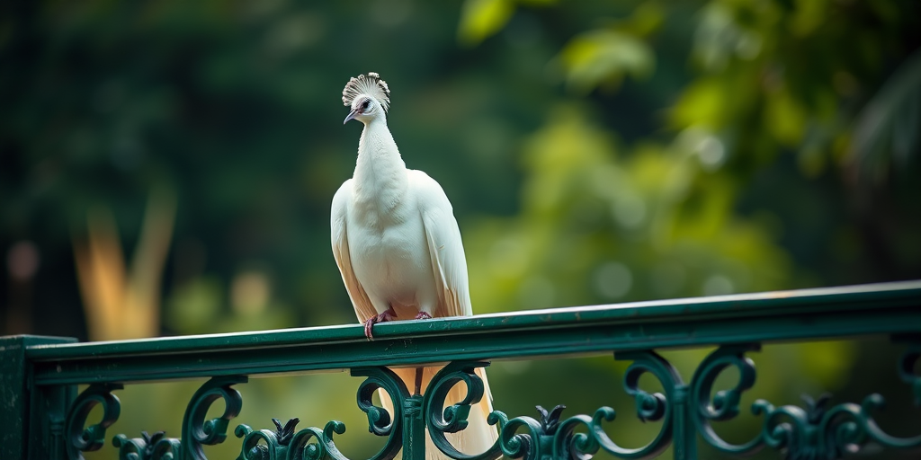 Capture a white peacock perched elegantly on an ornate green railing with a soft bokeh background, using a Canon EOS R6, 50mm lens, aperture f/1.8, ISO 200, shutter speed 1/100s, natural light for enhanced detail and color vibrancy.