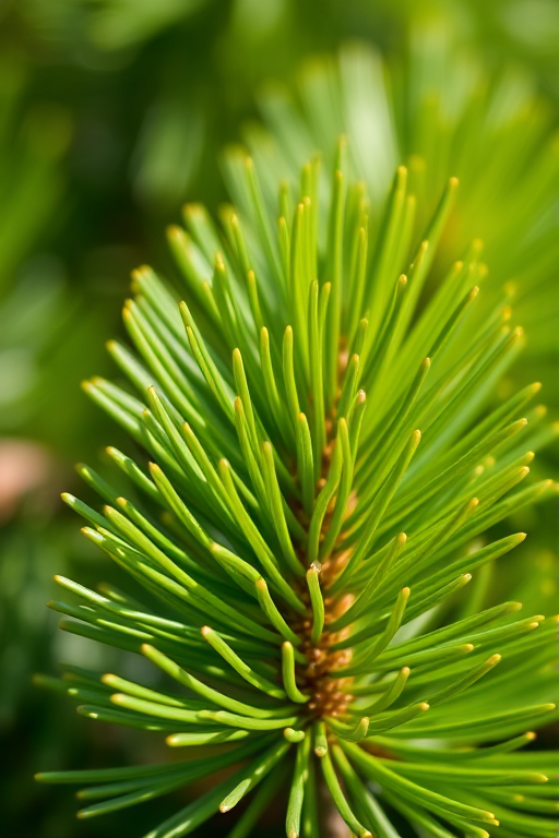 Capture a close-up of vibrant green pine needles with a shallow depth of field, using a 50mm f/1.8 lens at ISO 200, aperture f/2.8, and a shutter speed of 1/200s, shot in natural light to enhance the lush texture and rich colors.