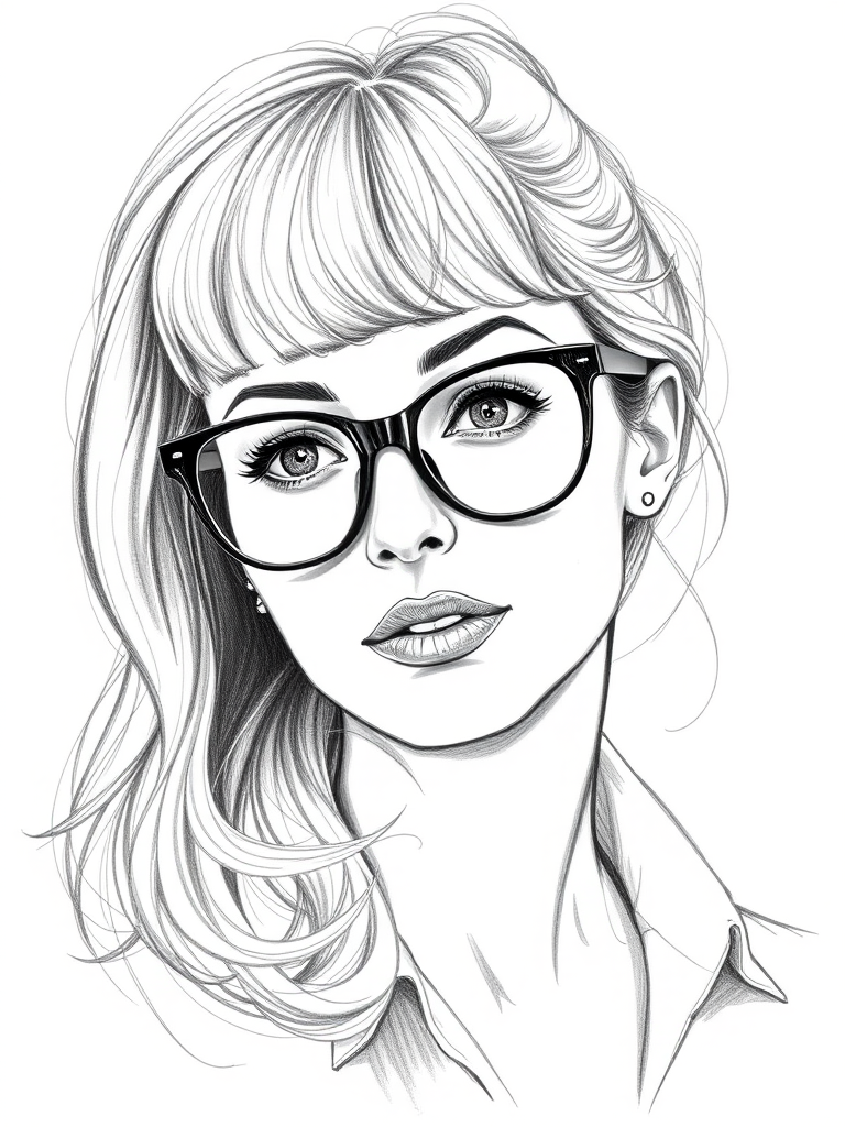 Beautiful Toni Collette, pencil sketch, portrait of beautiful woman 60s in glasses, hair style beatnik, outline, clear lines, fine lines, 8k