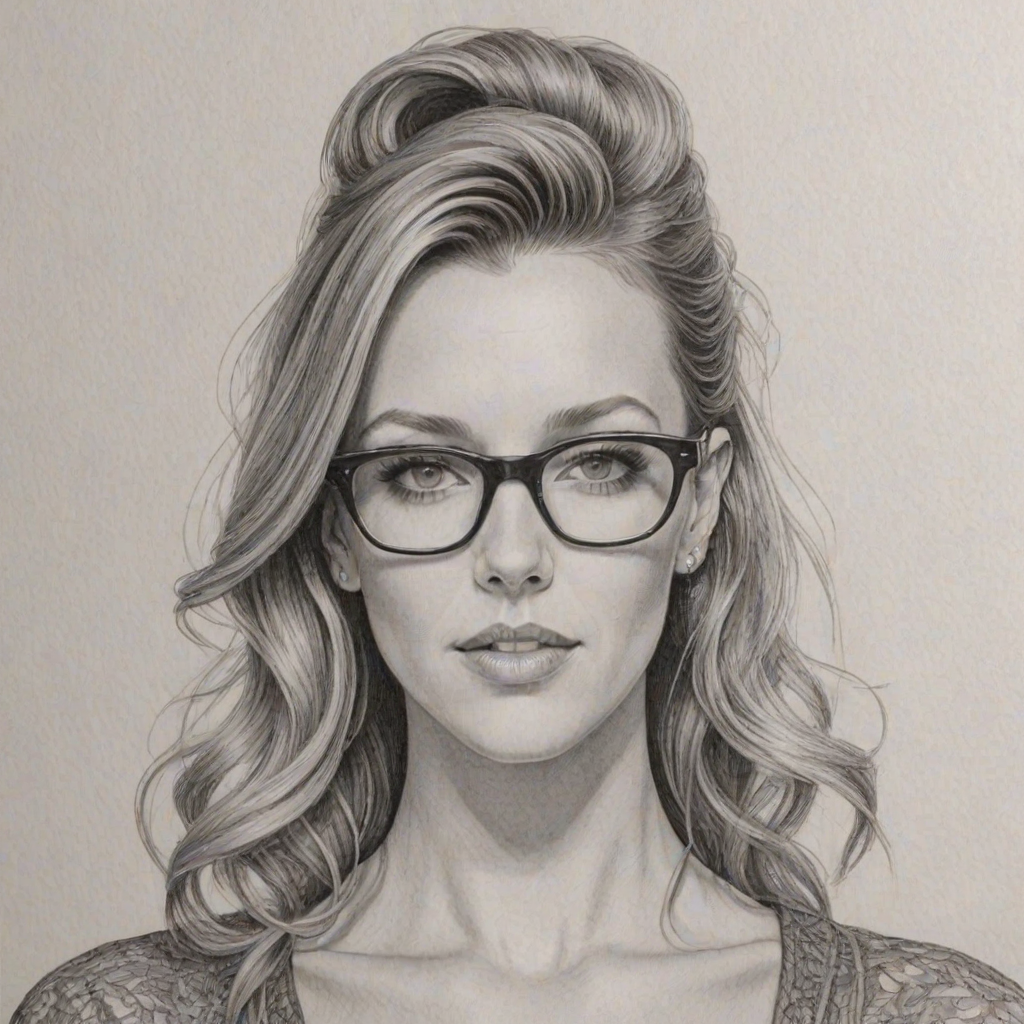 Delightful Katie Cassidy, pencil sketch, portrait of Elegant woman 1967s in glasses, hair style beatnik, outline, clear lines, fine lines, 8k