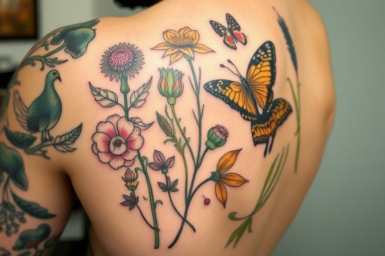 Botanical illustration tattoo named "Flora Fauna Fusion" featuring scientifically accurate depictions of plants and animals with a vintage naturalist sketch aesthetic