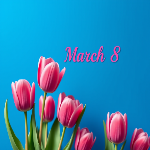 Generate a vibrant illustration of pink tulips with a deep blue background featuring the text "March 8" in a stylish font, using a Canon EOS R5 with a 50mm lens, aperture f/1.8, ISO 100, in high dynamic range style for enhanced color saturation and detail.