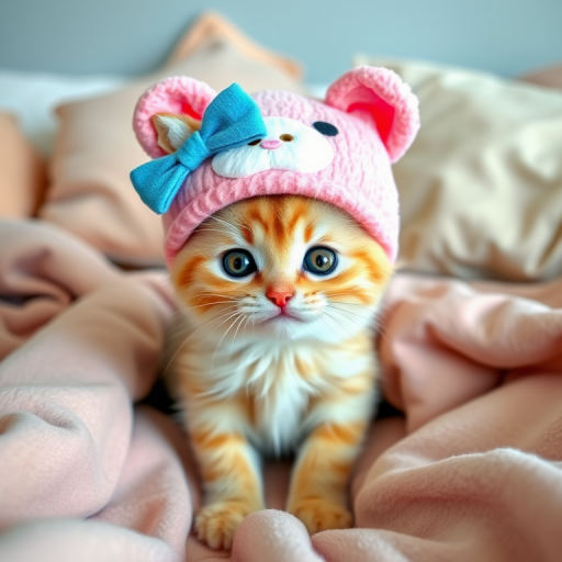 A cute fluffy kitten wearing a pink stuffed animal hat with a blue bow sitting on a bed surrounded by soft blankets and pillows. The kitten has large expressive eyes and a playful demeanor.