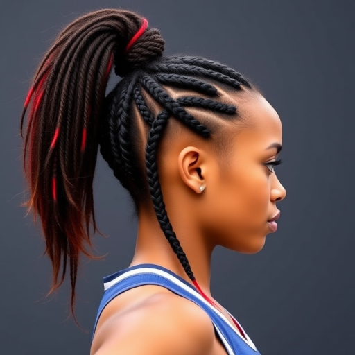 Confident athlete showcasing a high, textured ponytail with cornrow braids along the sides, accented with vibrant red streaks