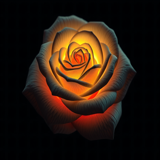 Create a hyper-realistic 3D rendering of a glowing rose with intricate petal details, set against a dark grid background, using a Canon EOS R5 camera with a 50mm f/1.2 lens, aperture at f/1.8, ISO 100, shutter speed 1/125s for optimal sharpness and depth of field.