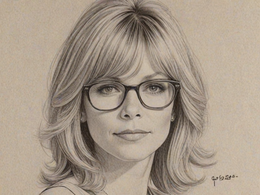 Dazzling Kate Capshaw, pencil sketch, portrait of Dazzling woman 1966s in glasses, hair style beatnik, outline, clear lines, fine lines, 8k