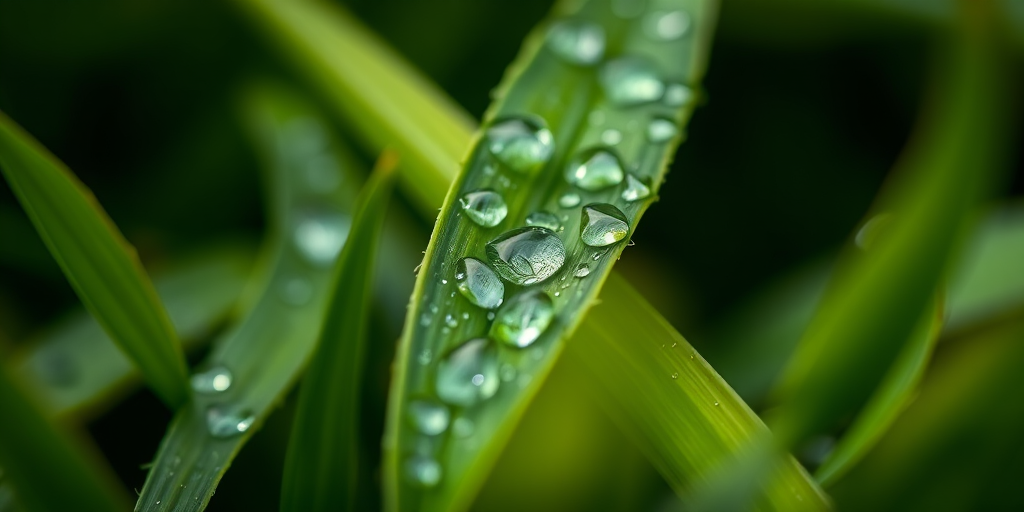 Close-up shot of green leaves with water droplets, aperture f/2.8, shutter speed 1/200 sec, ISO 100, macro lens, soft-focus background, natural light.