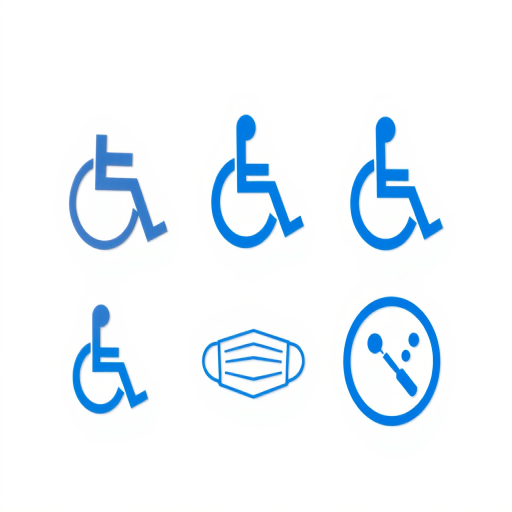 Create a high-resolution image of accessibility symbols featuring a wheelchair symbol, a hearing impairment symbol, a disability mask symbol, and a vision impairment symbol in a clean, modern style with a white background and blue accents, using a DSLR camera, aperture f/8, ISO 100, 35mm lens, and natural lighting.