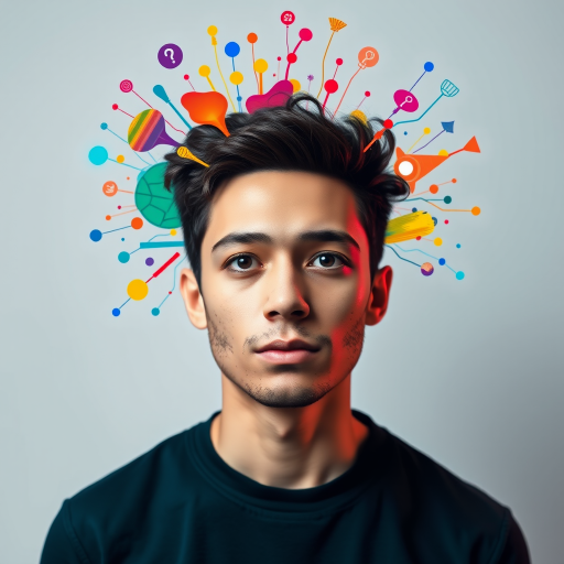 Create an abstract digital artwork that represents creativity and success, featuring a person with colorful elements around their head symbolizing ideas, using a Canon EOS R5 camera, 50mm lens, f/1.8 aperture, ISO 100, shot from a frontal view with a studio lighting setup to enhance vibrancy and clarity.