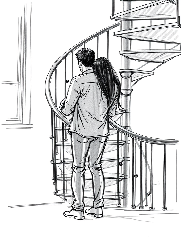 Create a high-resolution sketch of a couple, one partner carrying the other, standing near a spiral staircase, captured with a Canon EOS R5, 50mm lens, f/1.8 aperture, ISO 100, with a shallow depth of field and soft natural light from a window.