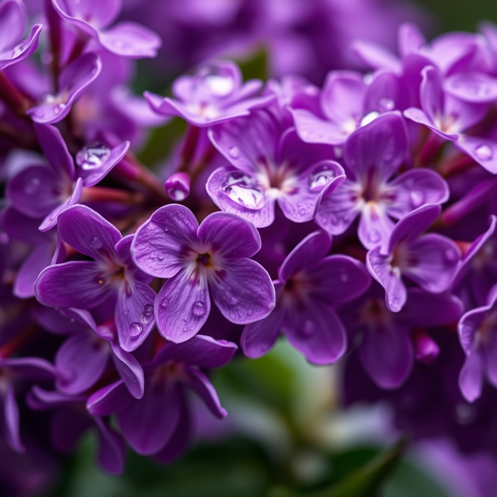 macro shot of vibrant purple lilacs with water droplets, shallow depth of field, f/2.8 aperture, ISO 100, 100mm lens, natural light, DSLR camera