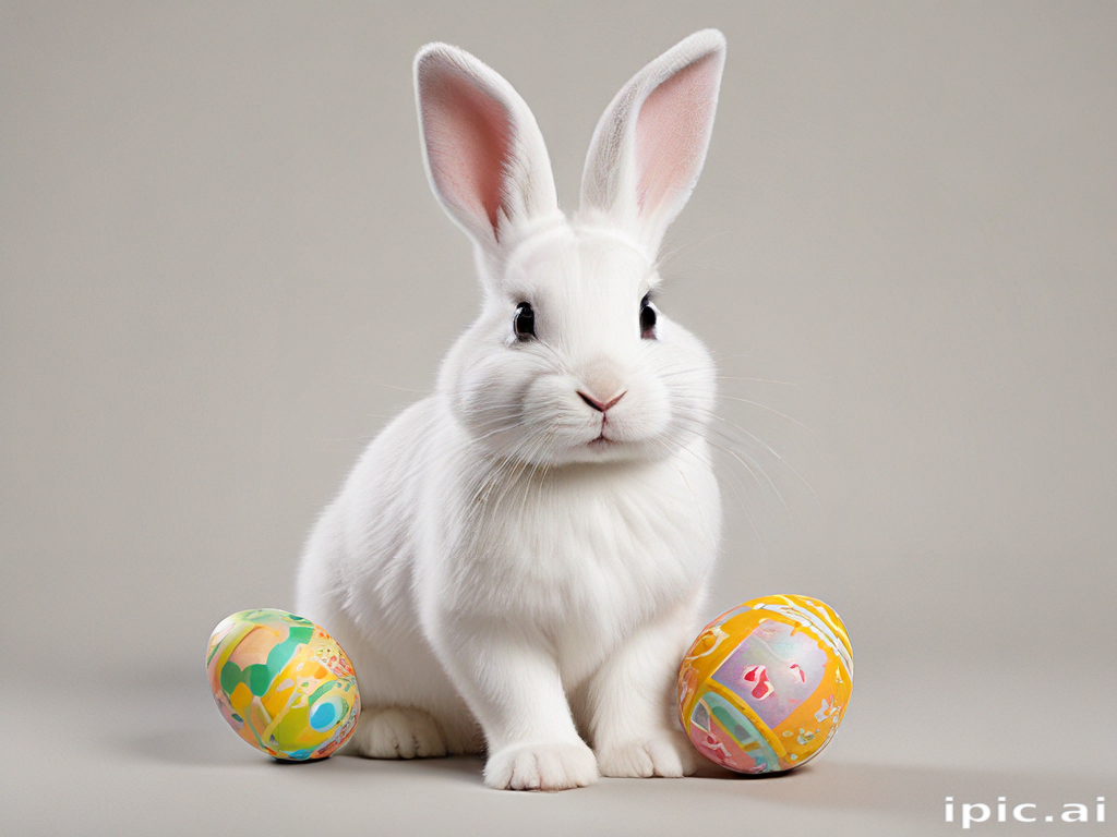 A Cute White Bunny Surrounded by Colorfully Decorated Easter Eggs.