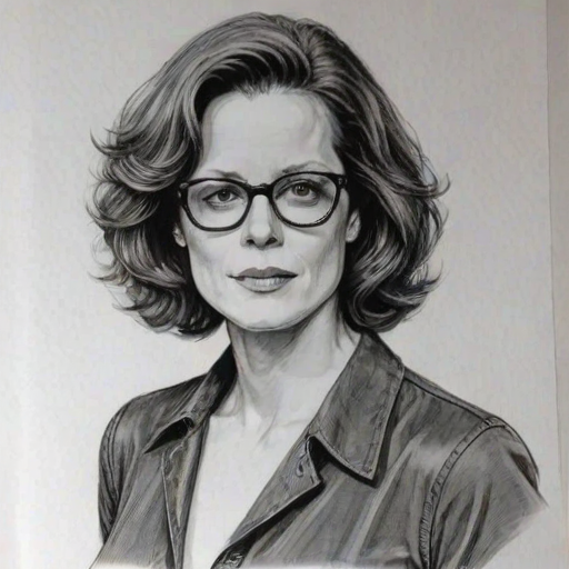 Splendid Sigourney Weaver, pencil sketch, portrait of Wonderful woman 1977s in glasses, hair style beatnik, outline, clear lines, fine lines, 8k