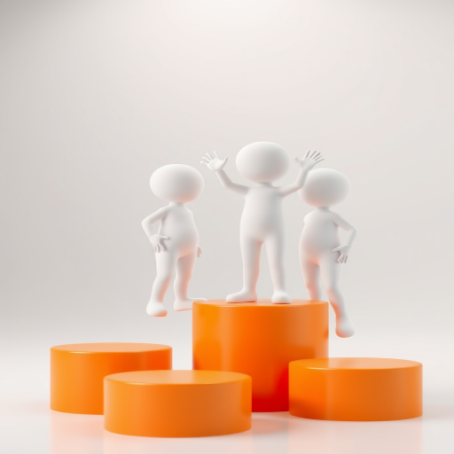 Create an image of four white cartoon figures standing on orange cylindrical platforms of different heights, one figure on the highest platform gesturing with their hands, captured in high resolution with a Canon EOS R5 camera, 50mm lens, f/1.8 aperture, 1/200s shutter speed, ISO 100, with a soft focus background and bright, even lighting.