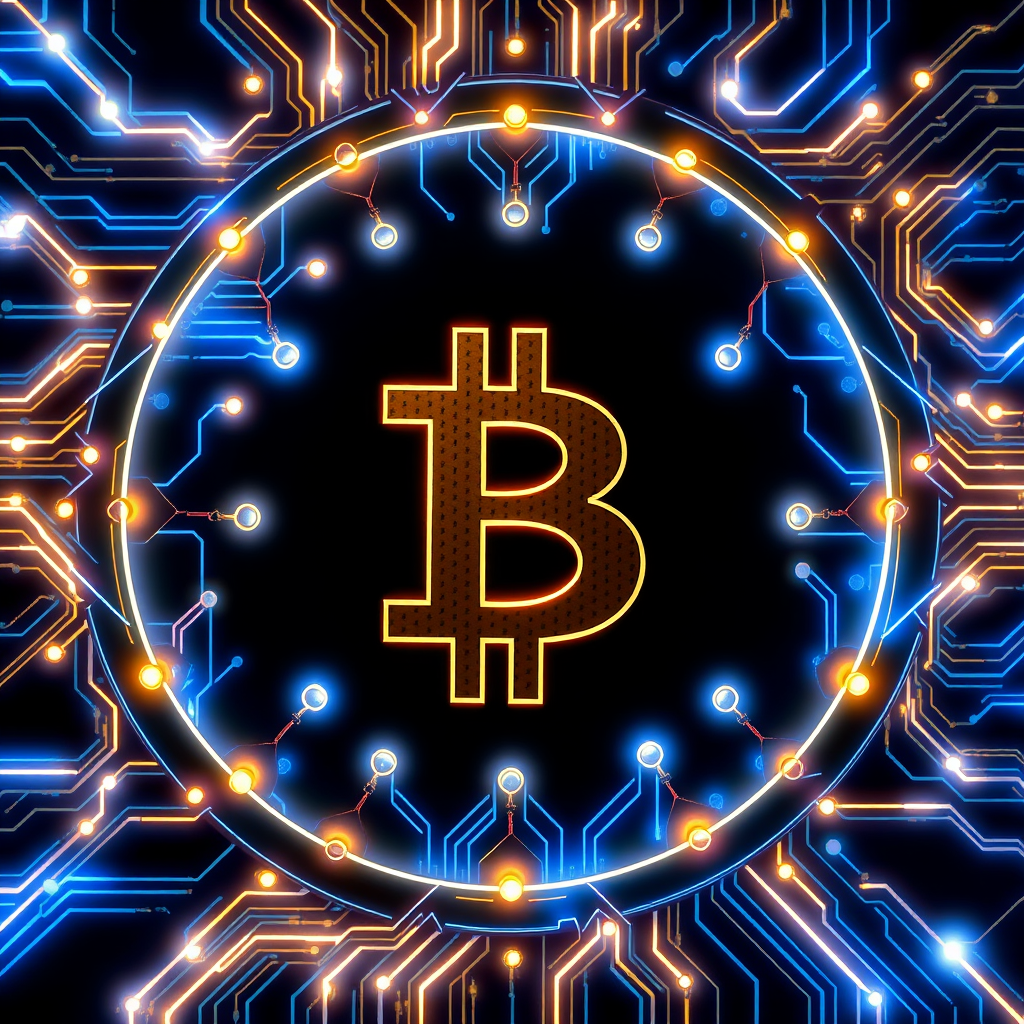Imagine a Bitcoin symbol (₿) intricately designed as part of a futuristic, glowing circuit board. The ₿ is central, composed of metallic gold and silver lines, seamlessly blending into the web of circuits surrounding it. Blue and green LED-style lights trace through the circuits, making it look like Bitcoin is powering a digital network. The background is dark, with neon accents highlighting the tech vibe, symbolizing the digital and decentralized nature of Bitcoin
