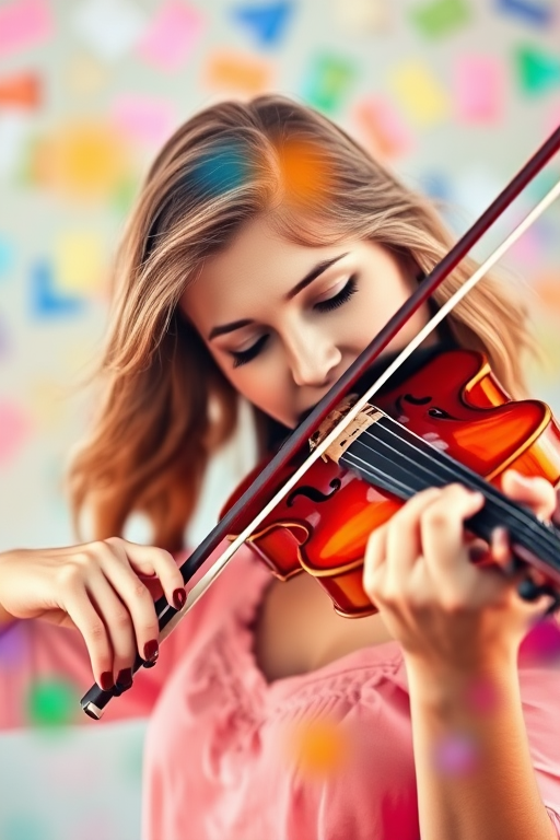 A portrait of a woman playing the violin passionately, with vibrant abstract colors in the background, soft focus effect, using a DSLR camera, aperture f/1.8, ISO 100, 50mm lens, natural lighting, capturing emotion and movement in the scene.