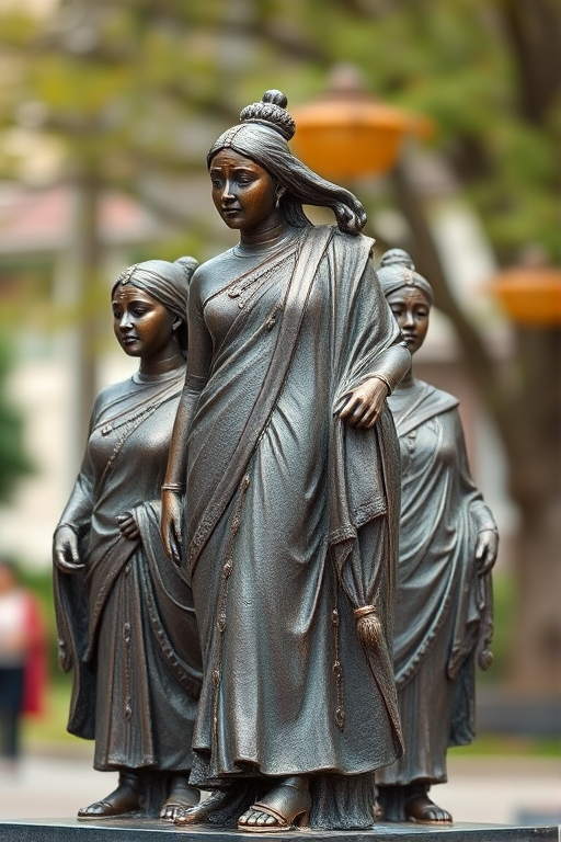 Create a highly detailed photograph of a bronze sculpture depicting four women in traditional attire, captured at a 45-degree angle with a shallow depth of field, using a DSLR camera with an aperture of f/2.8, ISO 100, and a focal length of 50mm, under natural lighting conditions to emphasize textures and colors.