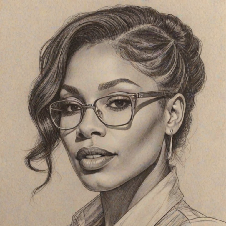 Sublime Adina Howard, pencil sketch, portrait of Magnificent woman 1974s in glasses, hair style beatnik, outline, clear lines, fine lines, 8k