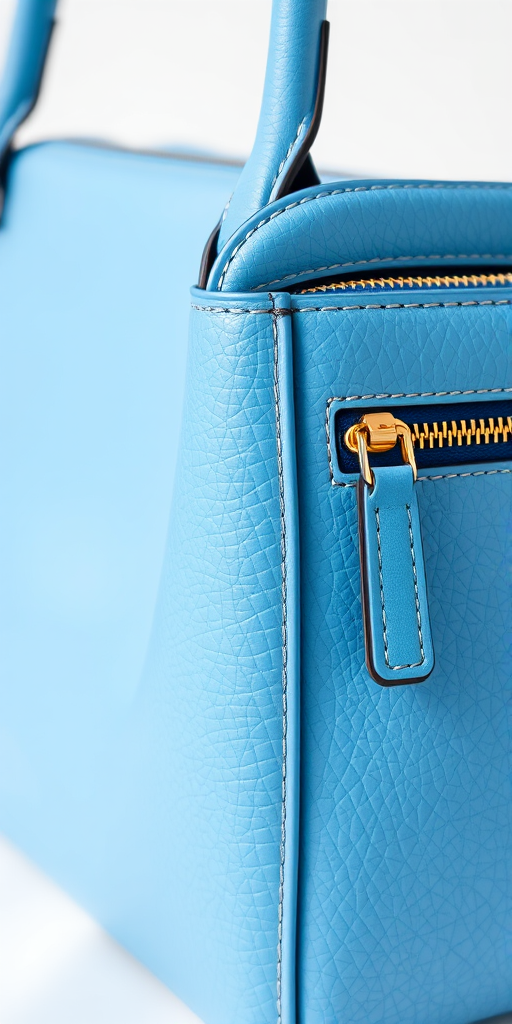 Create a high-resolution vector illustration of a blue handbag with detailed stitching and a zipper in a minimalist style, using a Canon EOS R5 camera, 50mm lens, f/1.8 aperture, soft natural lighting, and a shallow depth of field to focus on the bag while softening the background.