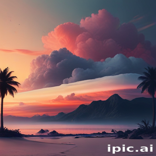 Stunning Sunset Over Tropical Landscape with Lush Palm Trees and Clouds